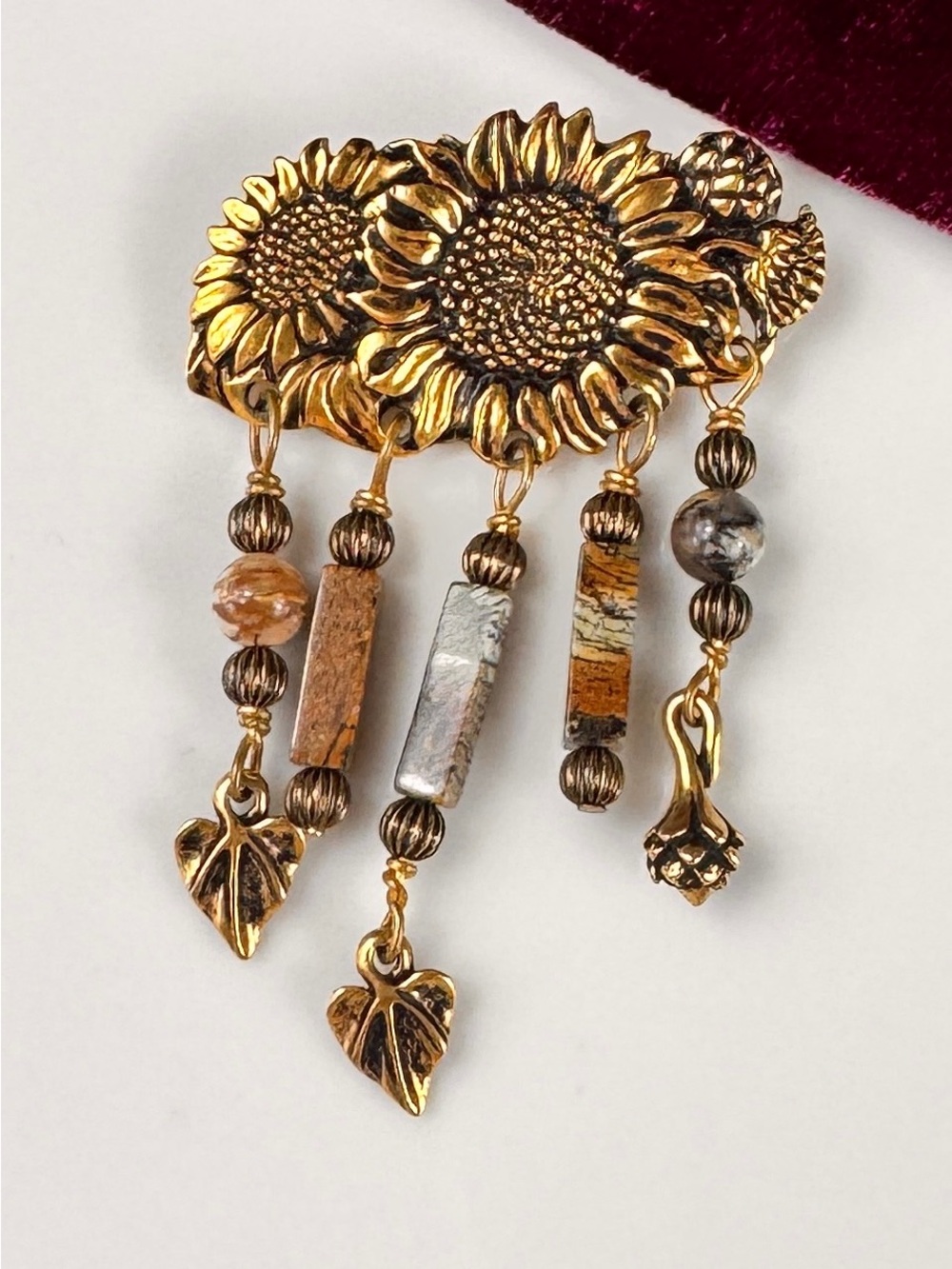 Vintage Jasper Bar Brooch with Gold-Tone Accents